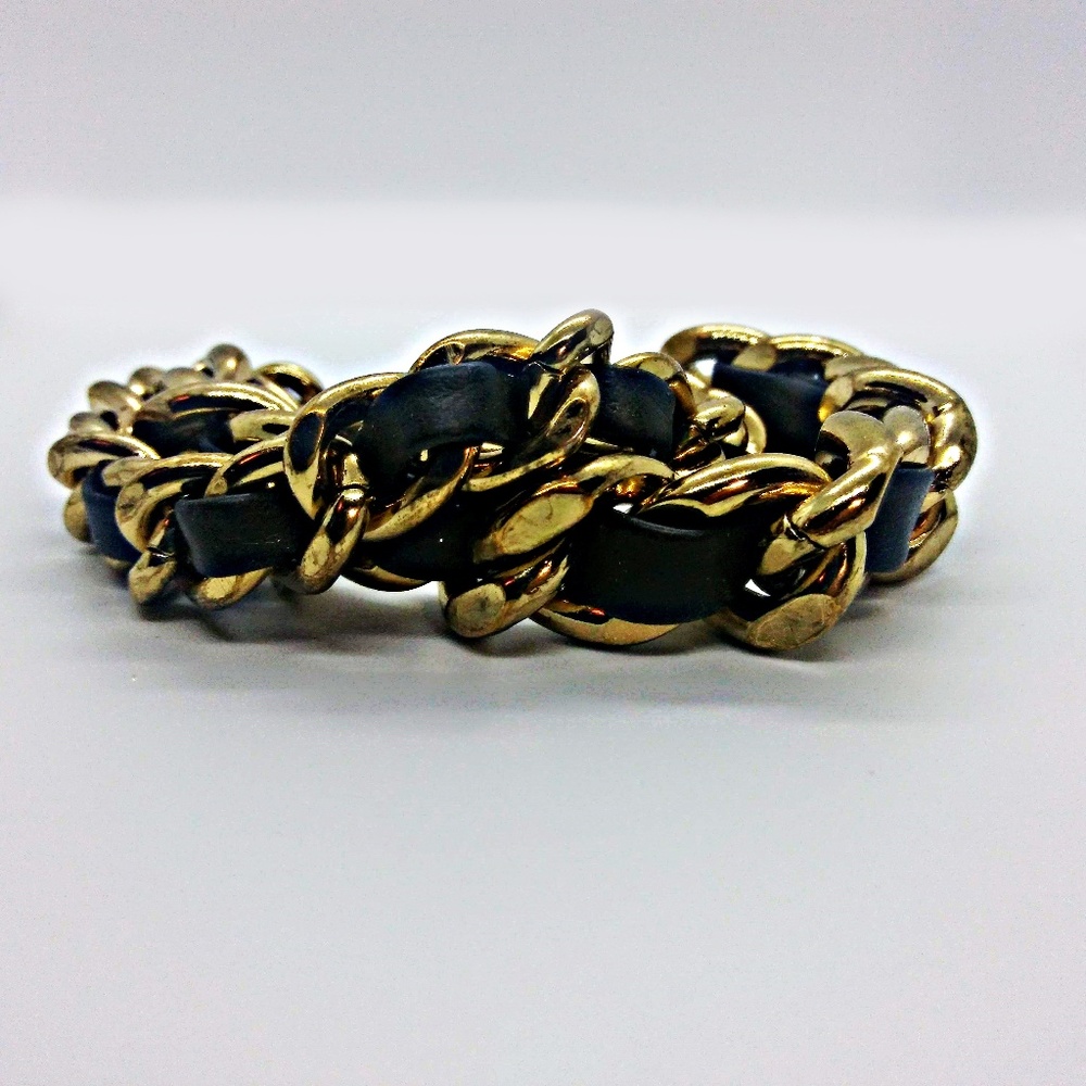 Leather and Gold-tone Woven Chain Link Bracelet